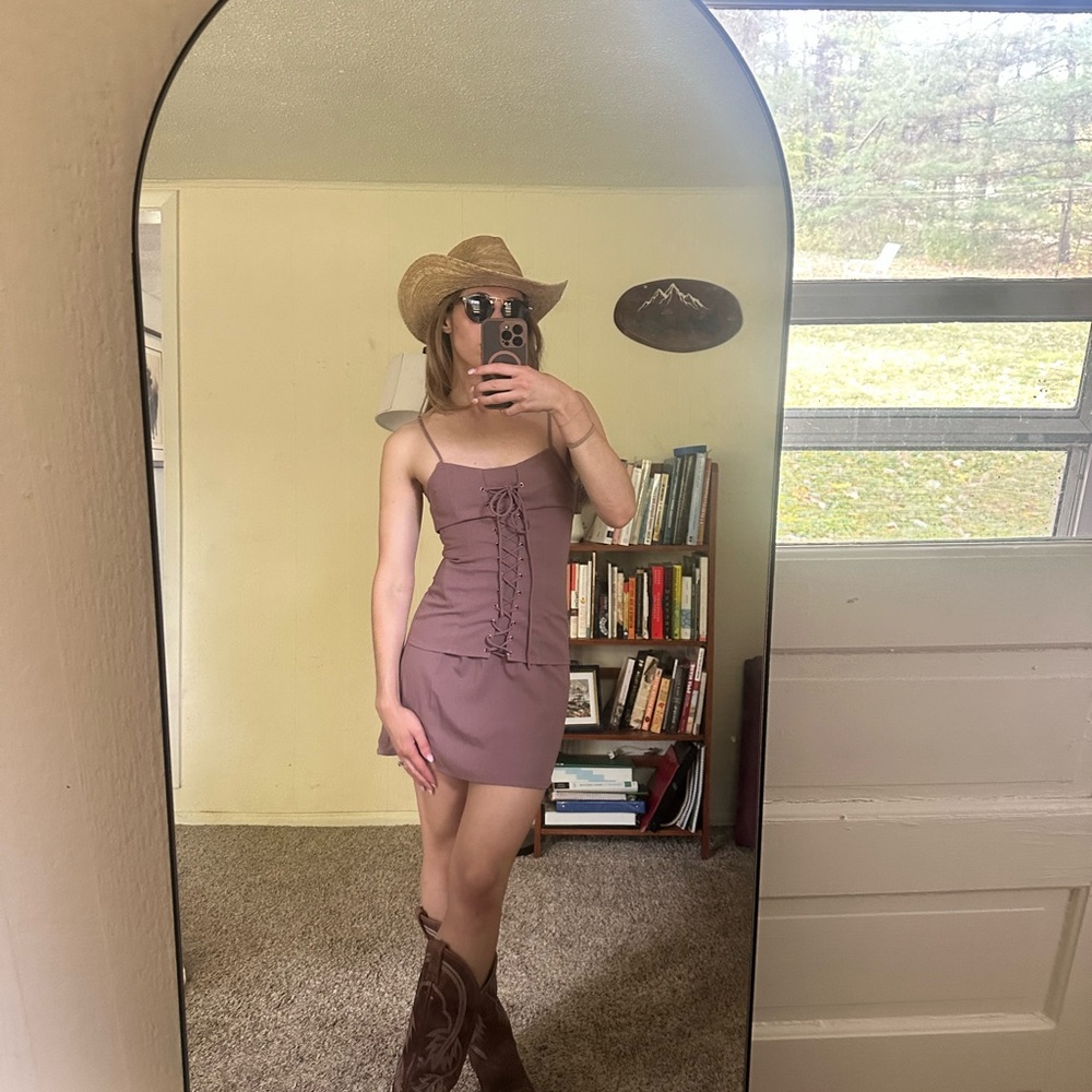 Elegant Taupe Corset Detail Spaghetti Strap Mini Dress